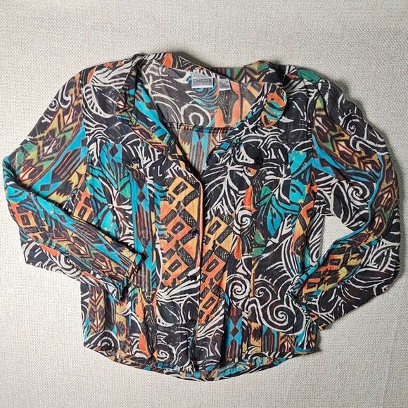 Chicos Sheer Button Up Top Large Abstract Print - Picture 5 of 10